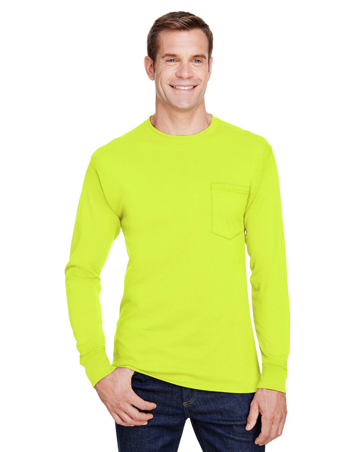 Hanes W120 Workwear Long Sleeve Pocket T-Shirt - Safety Green - M